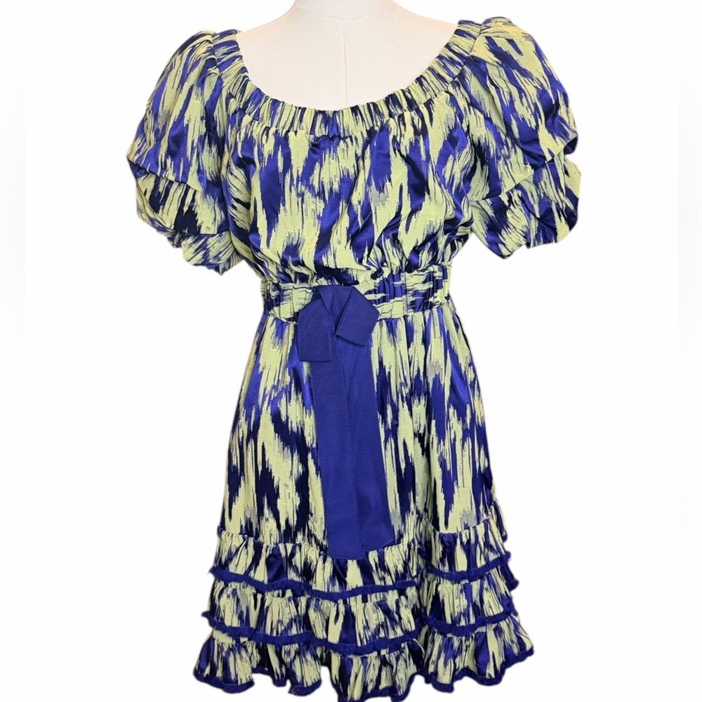 NWT Cinq à Sept Blue Abstract Puff Sleeve Mini Dress – Size 6 – Off Shoulder